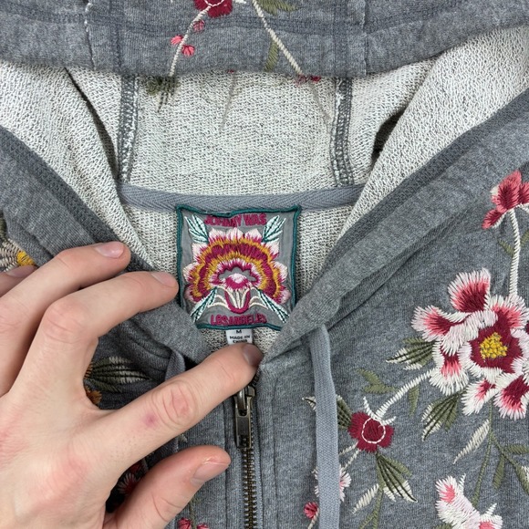 Johnny Was Zuzu Tiered Hoodie Women's Medium Gray Floral Embroidered Pullover - Picture 5 of 7